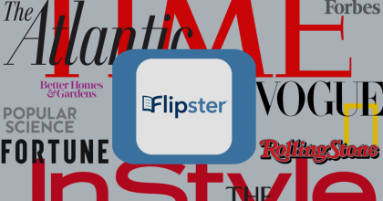 Plakat promujący bazę testową Flipster: na szarym tle kolorowe tytuły znanych czasopism 