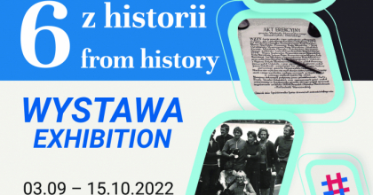 Plakat wystawy pt. 6 z historii (białe litery niebieskie tło), data wystawy i stare czarno-białe zdjęcia