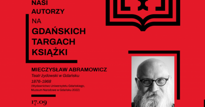 Plakat Gdańskich Targów Książki; czerwone tło, czarne liternictwo i logo oraz zdjęcia czarno-białe