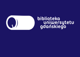 Logo Biblioteki UG: biała kapsuła i napis: Biblioteka Uniwersytetu Gdańskiego na ciemnoniebieskim tle