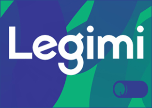 Plakat reklamujący Legimi: duży biały napis Legimi na nieniesko-zielonym tle. W prawym dolnym rogu granatowe logo BUG.