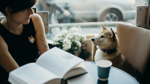 Na zdjęciu kobieta siedząca przy stole czyta książkę, obok niej siedzi pies
