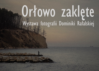 Plakat reklamujący wystawę Orłowo zaklęte. Czarno-białe zdjęcie orłowskiego klifu. 