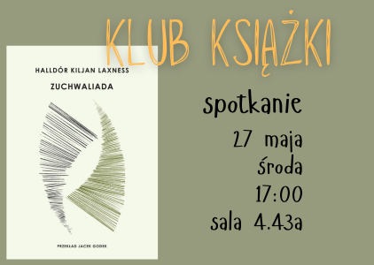 Spotkanie Klubu Książki w Bibliotece Uniwersytetu Gdańskiego. Na plakacie okładka książki. 