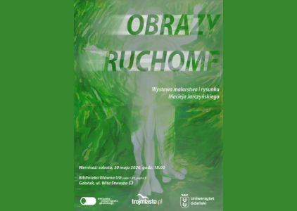 Obrazy ruchome. Wystawa prac Macieja Jarczyńskiego. Na zielony tle ulotna sylwetka ludzkiego ciała 