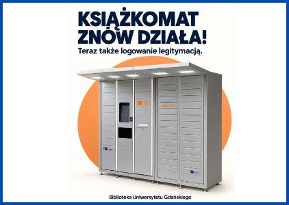 Książkomat już działa! Zapraszamy do korzystania. Na grafice zdjęcie srebrnego książkomatu.  