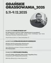 GDAŃSKIE GRASSOWANIA 2025. Plakat z programem: spacer literacki, promocja książki. Na szarym tle treść oraz zdjęcie Guntera Grassa z fajką