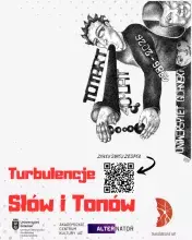 plakat koncertu: Turbulencje Słów i Tonów. Na białym tle czarno-biała postać i czerwony napis tytułu koncertu.   