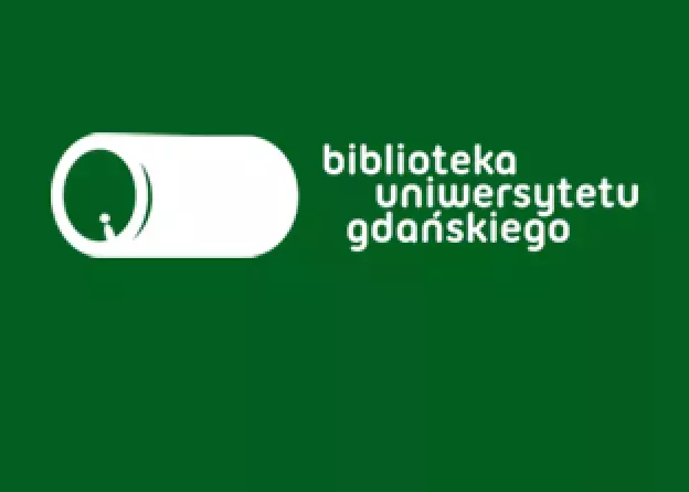 Logo BUG: biała kapsuła z okalającym napisem: Biblioteka Uniwersytetu Gdańskiego  na ciemnozielonym tle