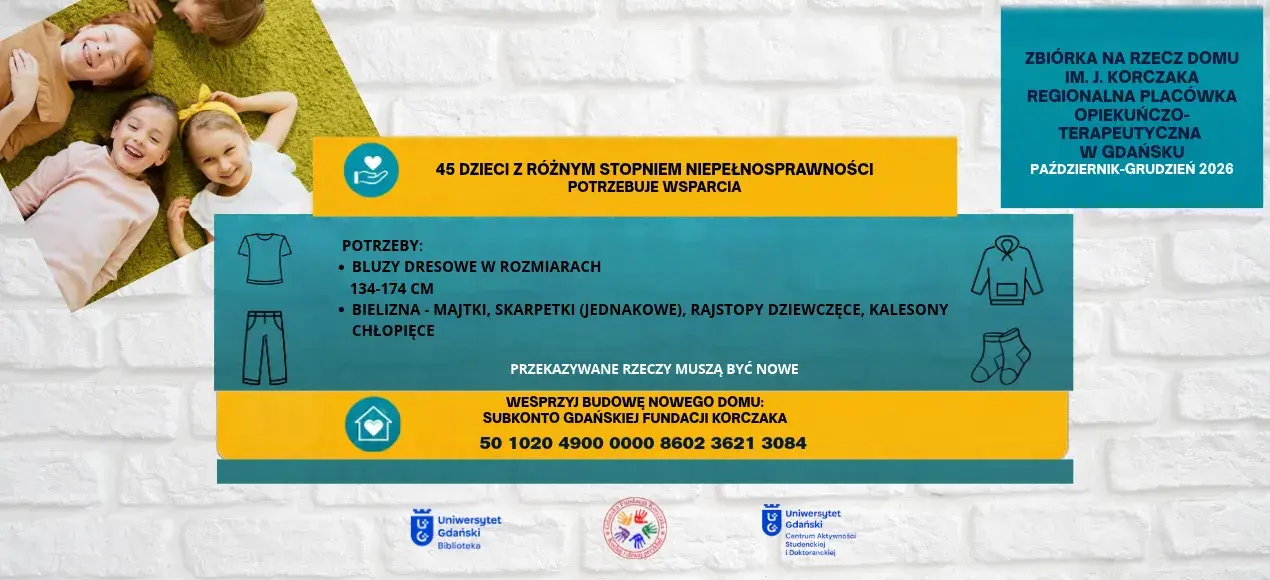 baner reklamujący zbiórkę na rzecz dzieci z Domu Korczaka . Po lewej stronie zdjęcie dzieci leżących na trawie, po środku na żółto-turkusowym tle 