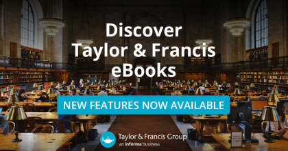 Discover Tayor&Francis eBooks, napis na tle wnętrza starej biblioteki, czytelnicy pracujący przy stołach
