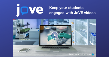 Otwarty laptop na tle laboratorium i powyżej logo JoVe