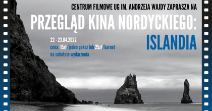 Plakat filmowy-czarno-biały przedstawiający brzeg morza, klif i skały. 