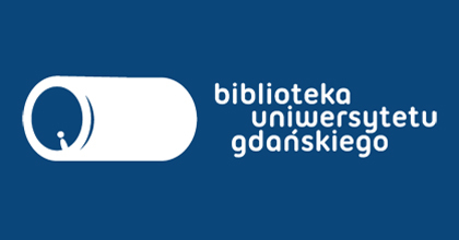 Logo Biblioteki UG: biała kapsuła i napis: Biblioteka Uniwersytetu Gdańskiego na  ciemnoniebieskim tle