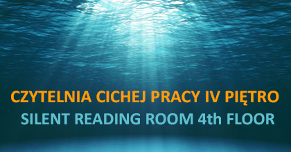 Napis Czytelnia cichej pracy iv piętro na tle morza