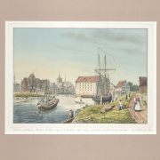 Port na Motławie, Nabrzeże Szafarni, żaglówki na rzece, w tle budynki, 1835 r.