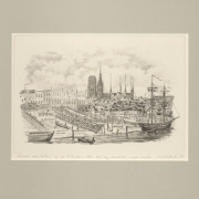 Stocznia nad Motławą, wewnątrz statki, w tle budynki z wybijającym się Kościołem Mariackim, 1846 r.